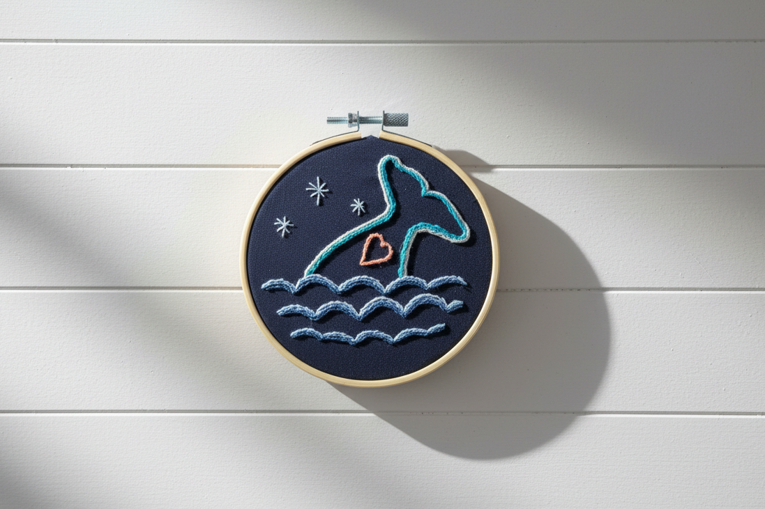 Whale Tail + Heart Hand Embroidery Art - Coastal Decor - Beach House Style