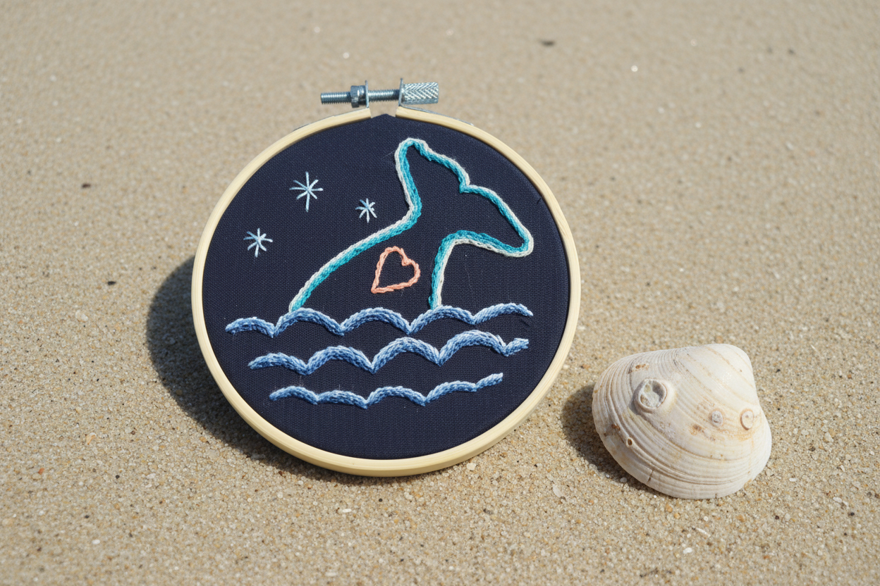 Whale Tail + Heart Hand Embroidery Art - Coastal Decor - Beach House Style