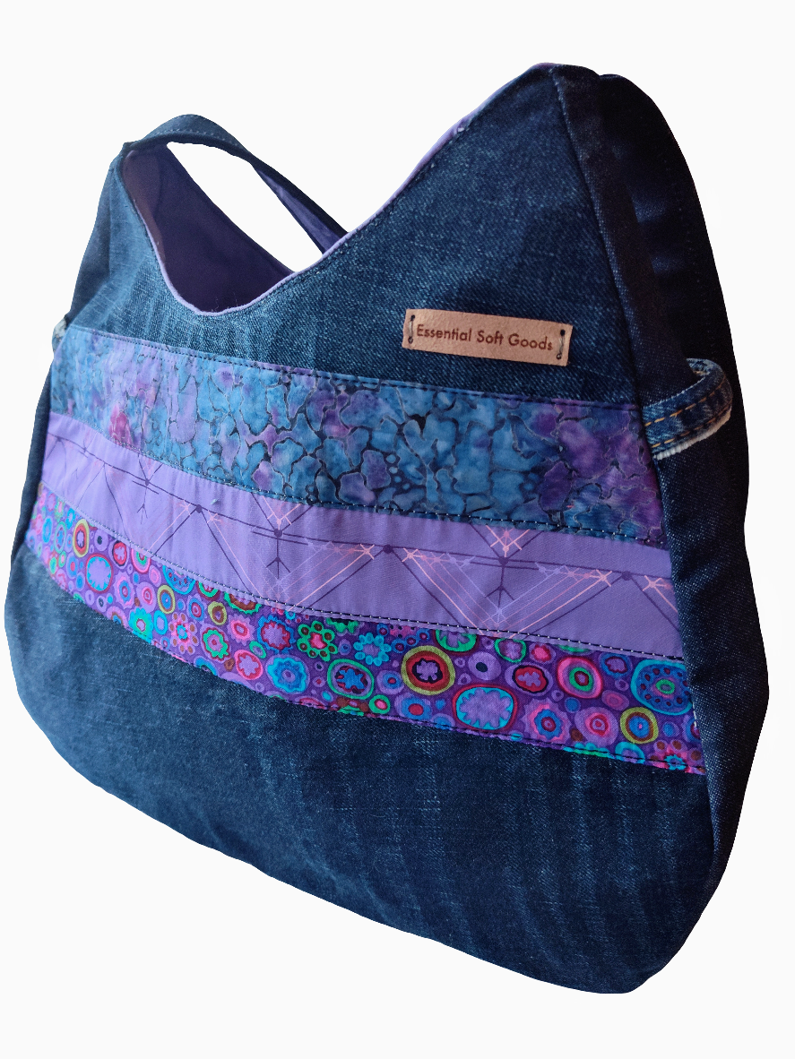 Denim + Purple Cotton Shoulder Bag OOAK by Essential Soft Goods - Eco friendly vegan bag made in Canada