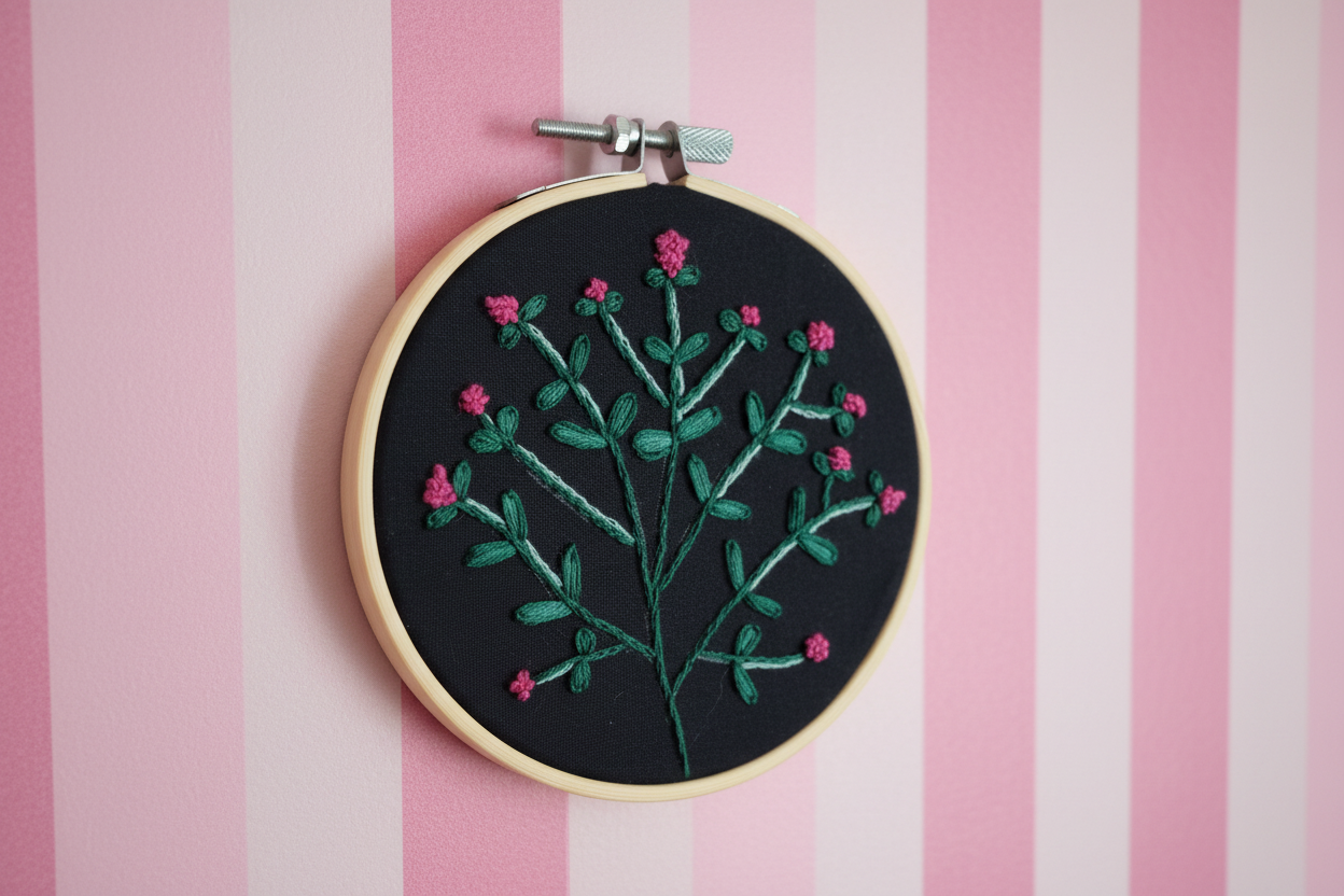 Hand Embroidered Spring Flowers in Magenta and Emerald