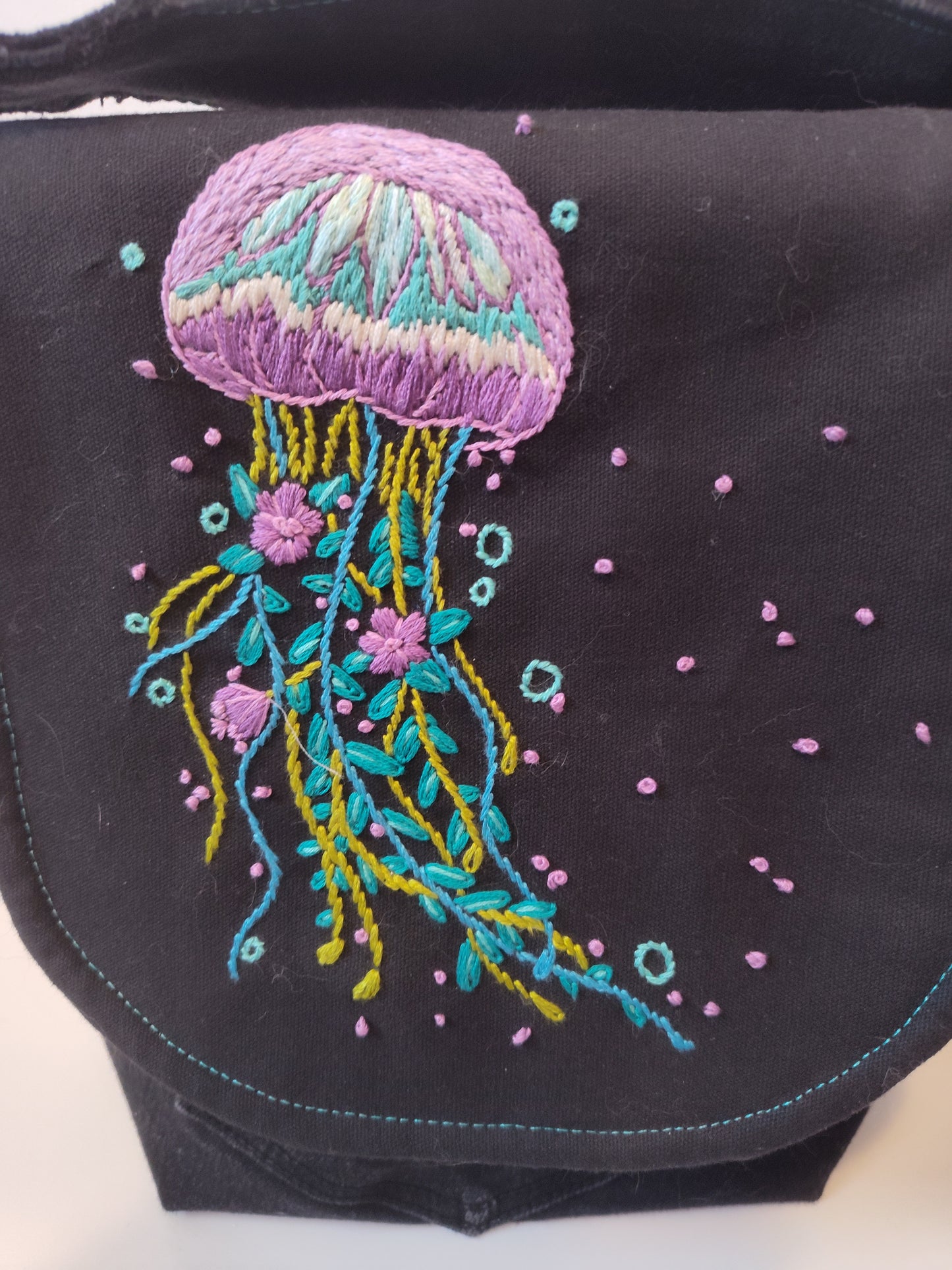 Hand Embroidered Jellyfish Shoulder Bag - Upcycled Denim
