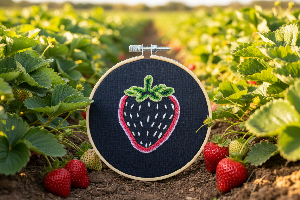 Hand Embroidered Strawberry Art - Ready to Hang - Black and Red