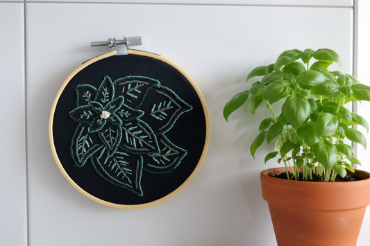 Hand Embroidered Basil Herb Art - Ready to Hang - Black and Emerald