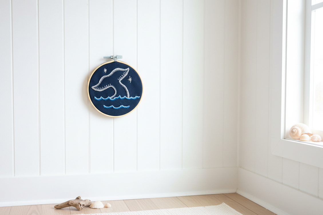 Whale Tail Embroidery Hoop Art – Nautical Wall Decor – Coastal Ocean Embroidery – Small Beach House Decor